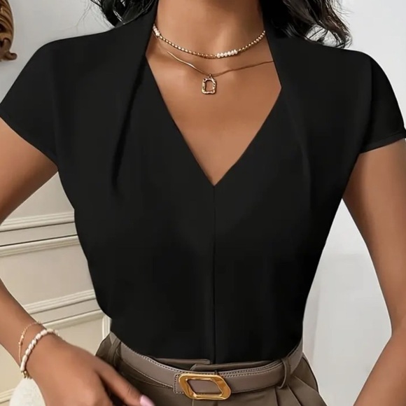 Shirred V Neck Solid V Neck Blouse, Elegant Short Sleeve Top - Black - Picture 4 of 11